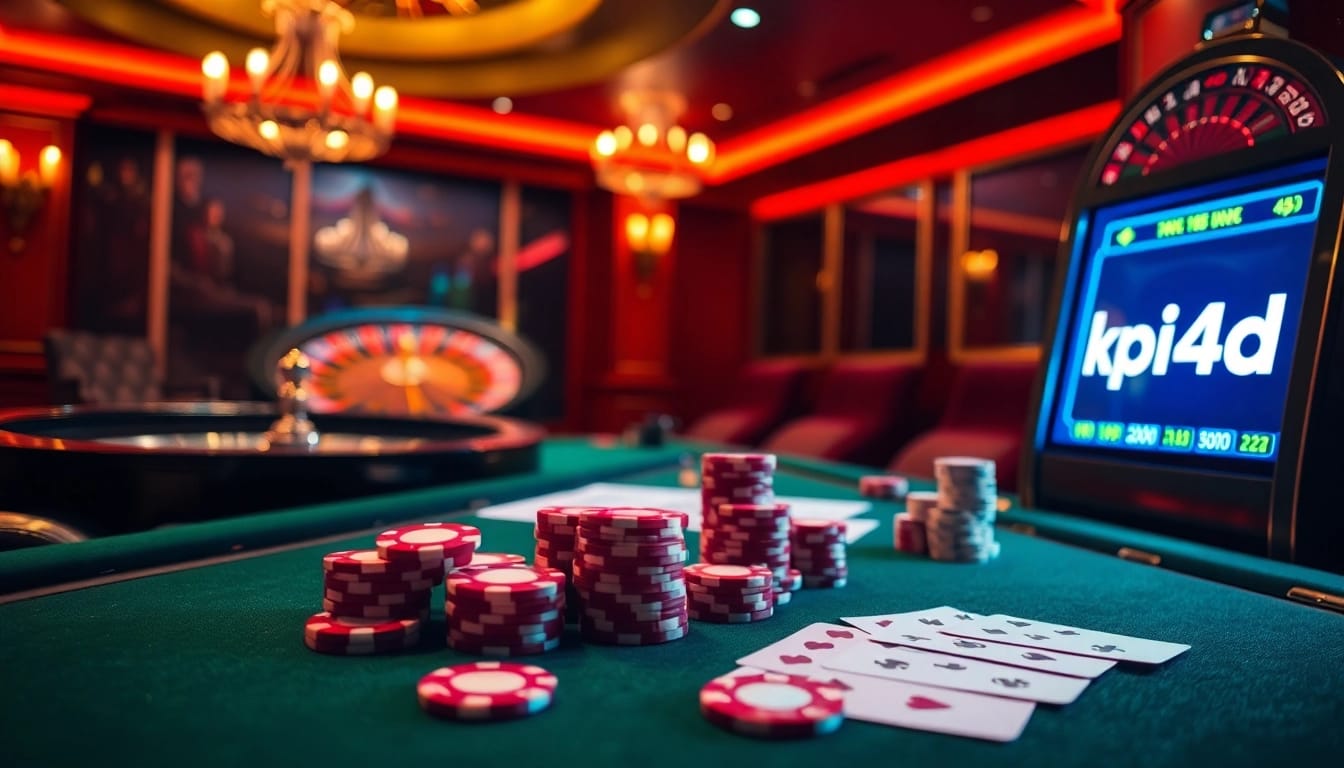 Engaging scene of a casino table showcasing kpi4d gaming excitement with poker chips and cards.