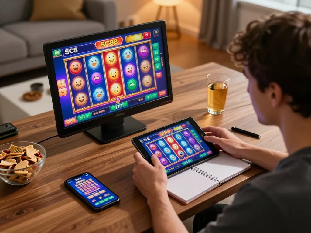 Engaged player enjoying SC88 online slots on a tablet in cozy home setting