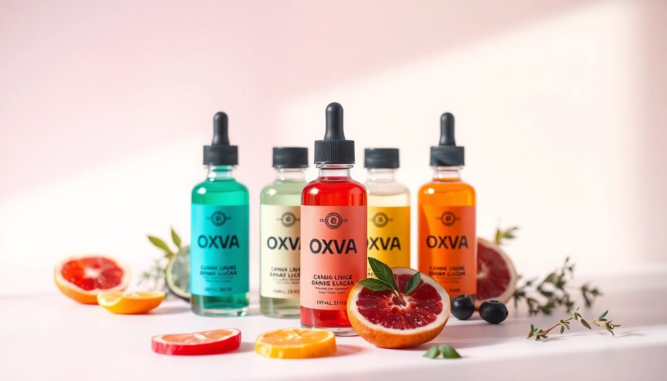 Oxva Liquid Flaschen stilvoll angeordnet auf einem sauberen Hintergrund.