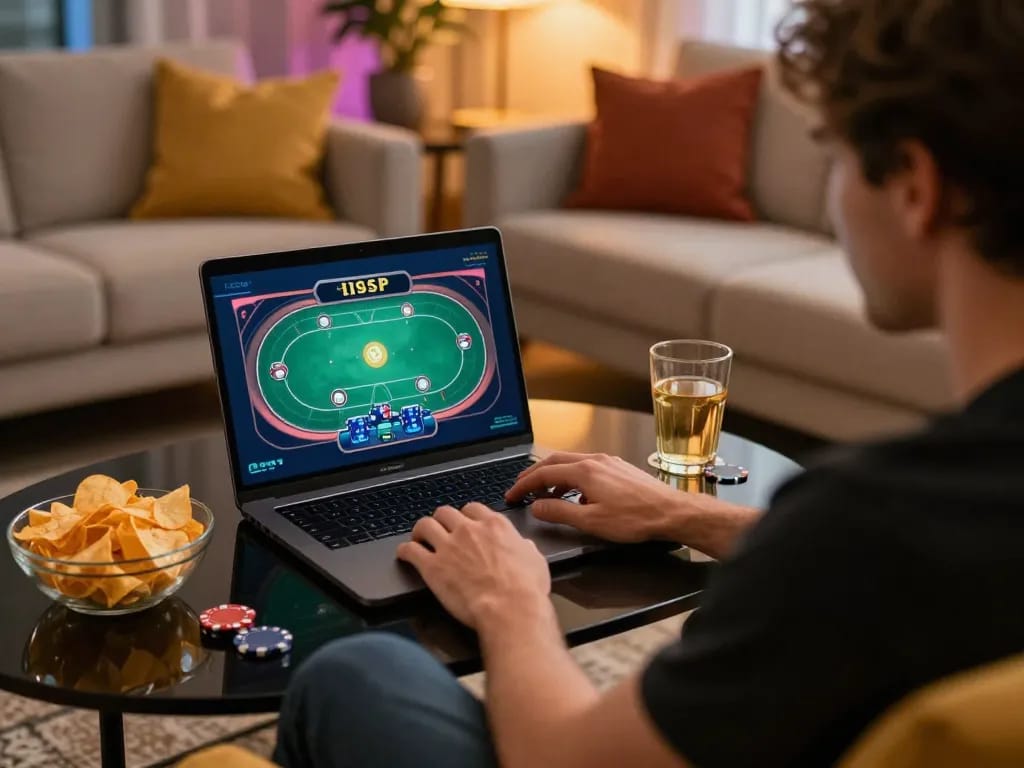 Playing exciting poker games on 789club from a stylish home setup with warm lighting and snacks.