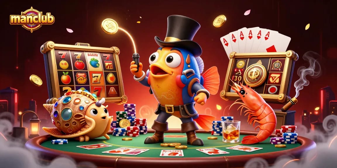 Win big with manclub: 3D cartoon illustration of playful sea creatures in a vibrant casino setting.