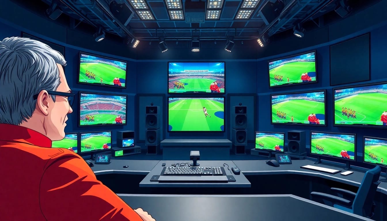 Captivating sports broadcasting setup highlighting a commentator in an energetic studio focusing on Sports Broadcasting.