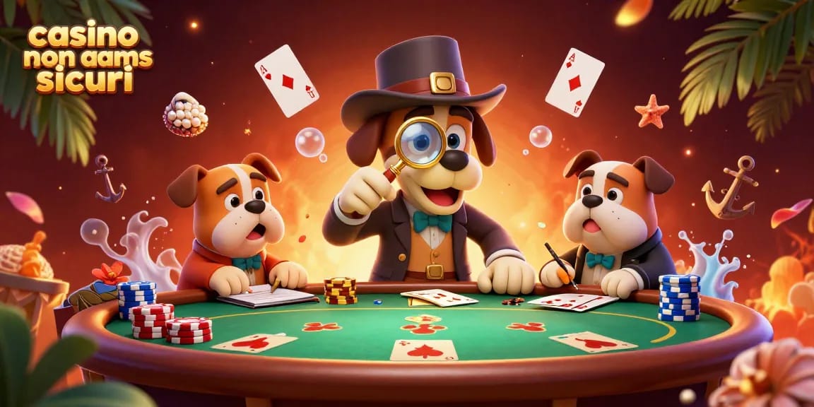 Esamina i casinò non AAMS sicuri con il detective e il suo cane, con elementi di gioco attorno.