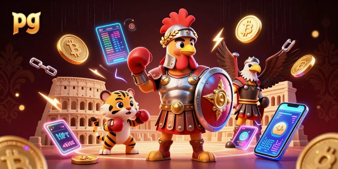 Engage in casino excitement with pg elements in a dynamic gambling illustration featuring a rooster and tiger cub.
