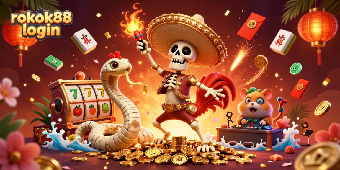 Experience the excitement of rokok88 login with vibrant casino characters dancing on coins.