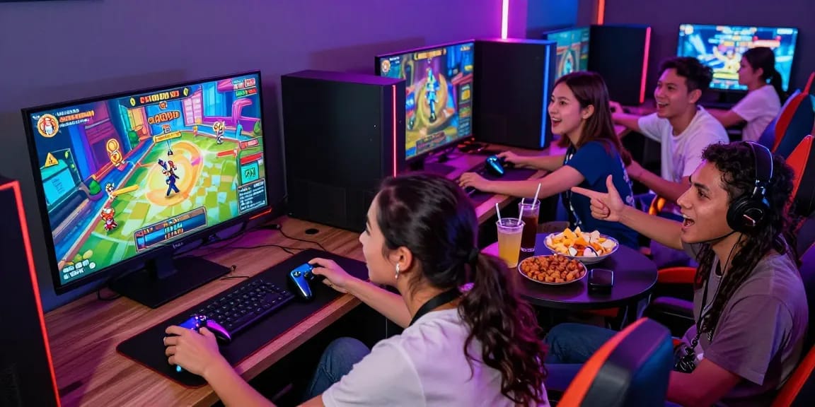 Friends enjoying slot gacor games together in a lively gaming lounge atmosphere.