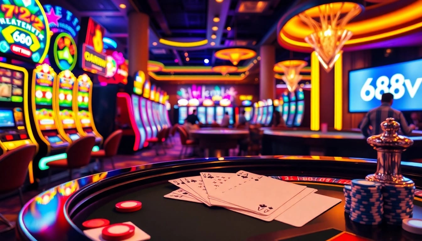 Exciting casino scene with vibrant slot machines and roulette table featuring 688v.