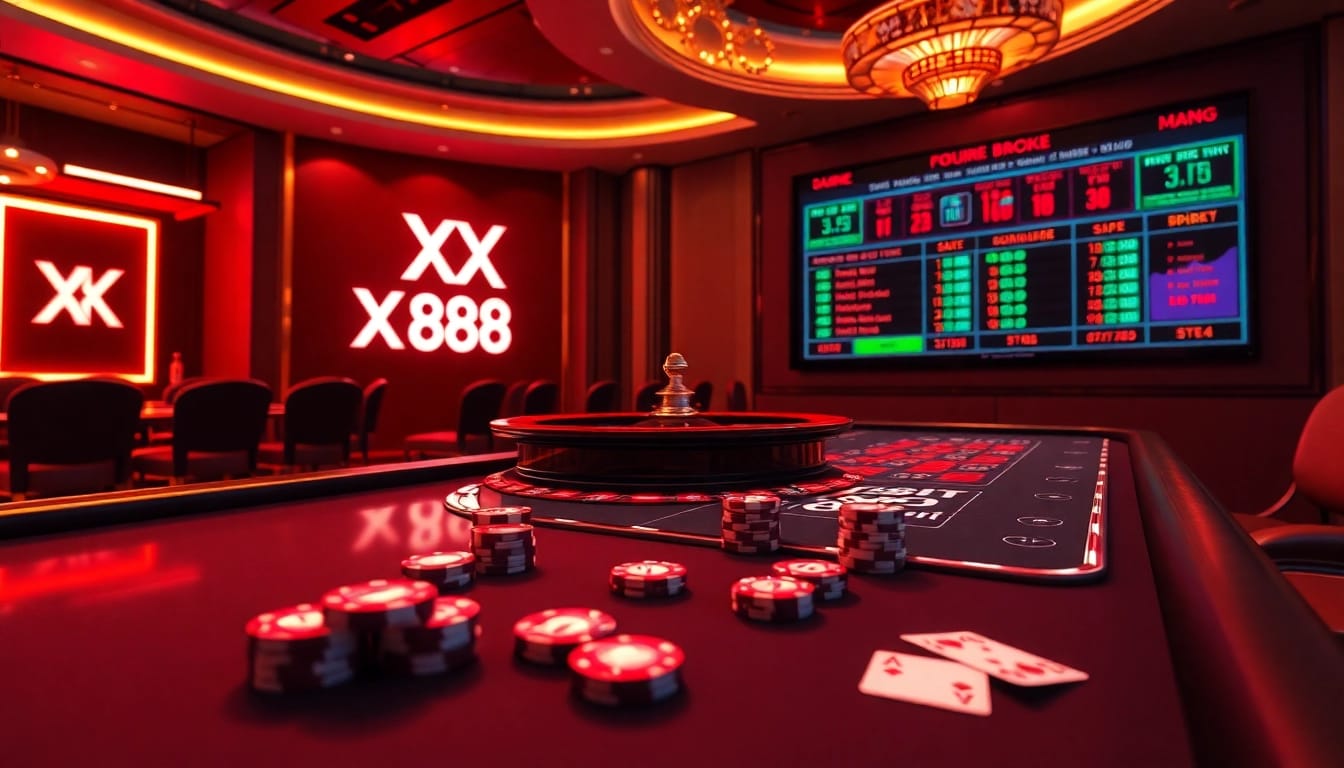 Experience the thrill of online gambling with XX 88, featuring a luxurious virtual casino setup with poker chips and cards.