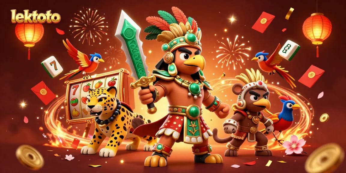 Experience the excitement of lektoto with an Aztec warrior and slot game elements in a vibrant 3D casino scene.