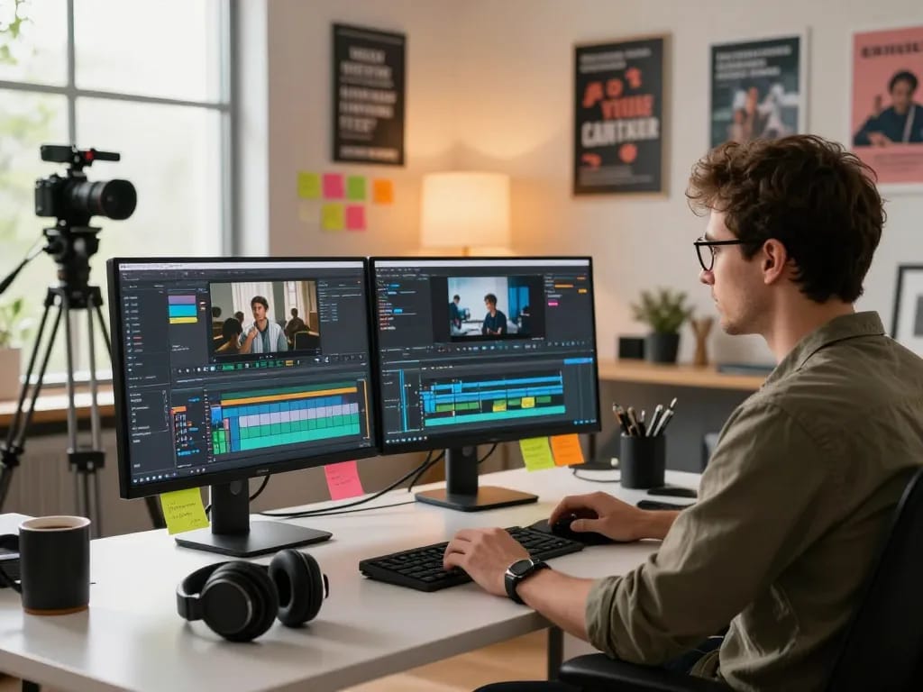 Content creator in a modern video editing studio generating video to prompt descriptions with vibrant workspace elements.