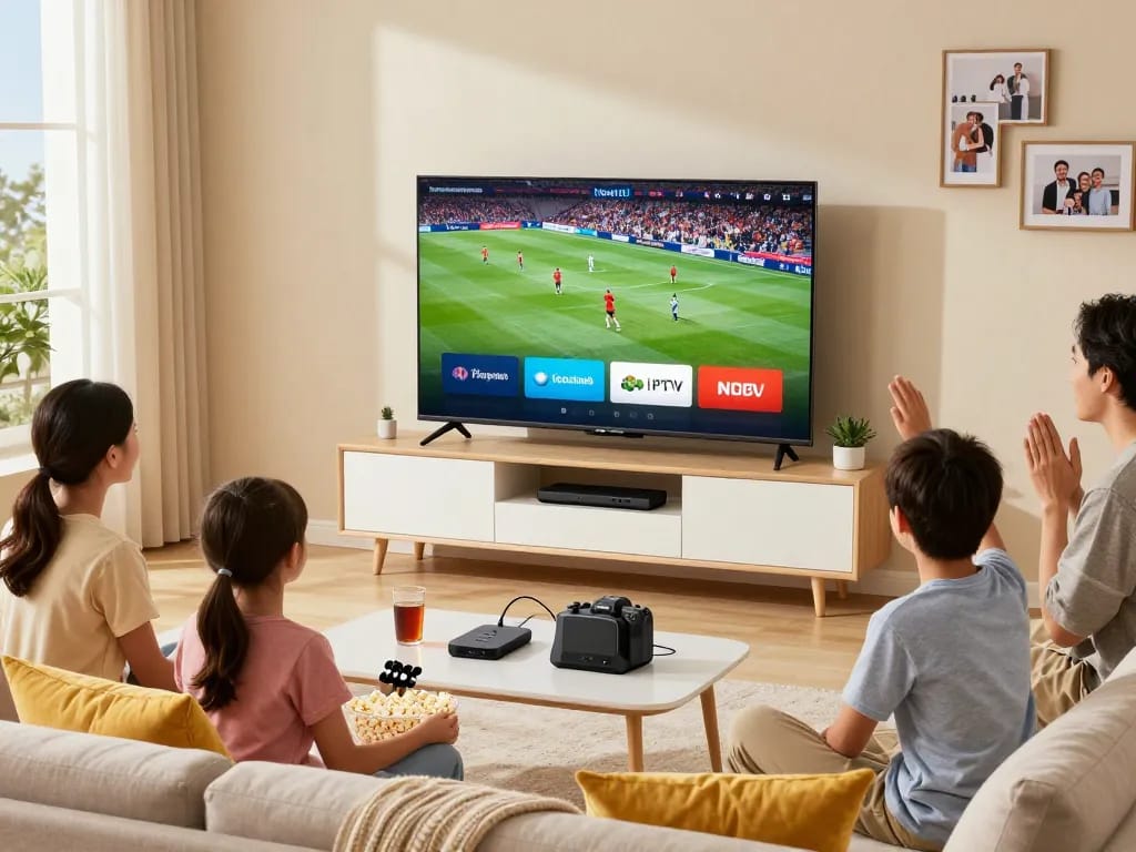 Gezin dat geniet van IPTV TV-streaming op een Smart TV in een gezellige woonkamer.