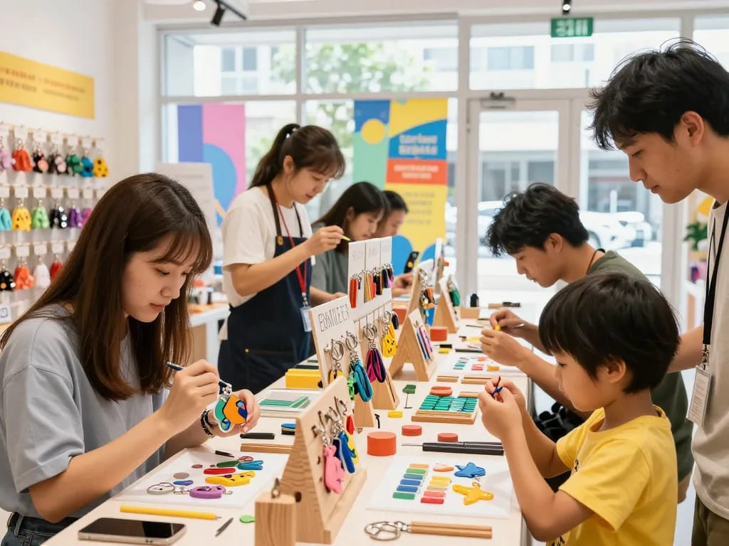 Group of diverse customers engaged in creating custom key chains in a vibrant e-commerce store, showcasing creativity and personalization.