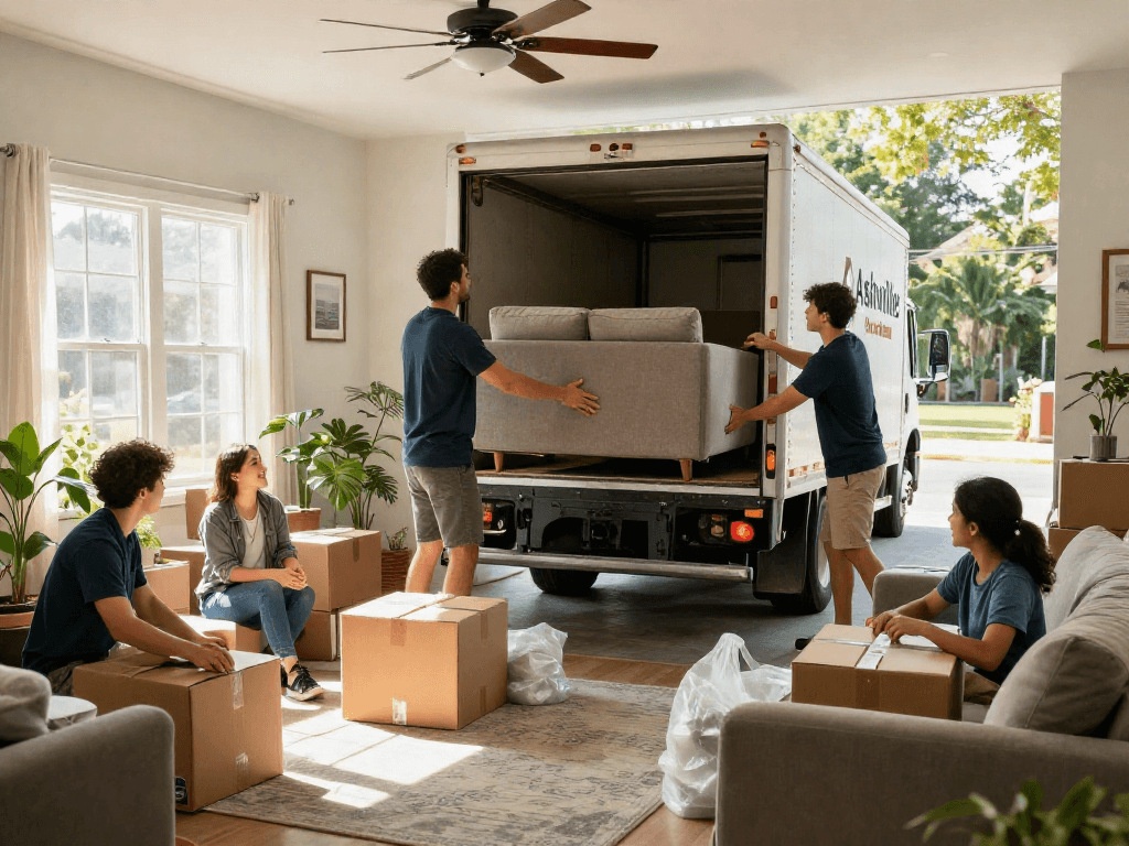 Ashville moving company team loading furniture during a residential move, showcasing a family organizing in a bright living room.