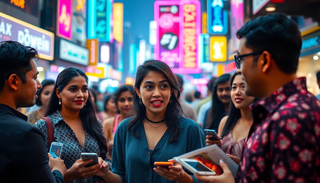 Engaging scene representing Bollywood gossip at https://theopinionatedindian.com with vibrant urban elements.
