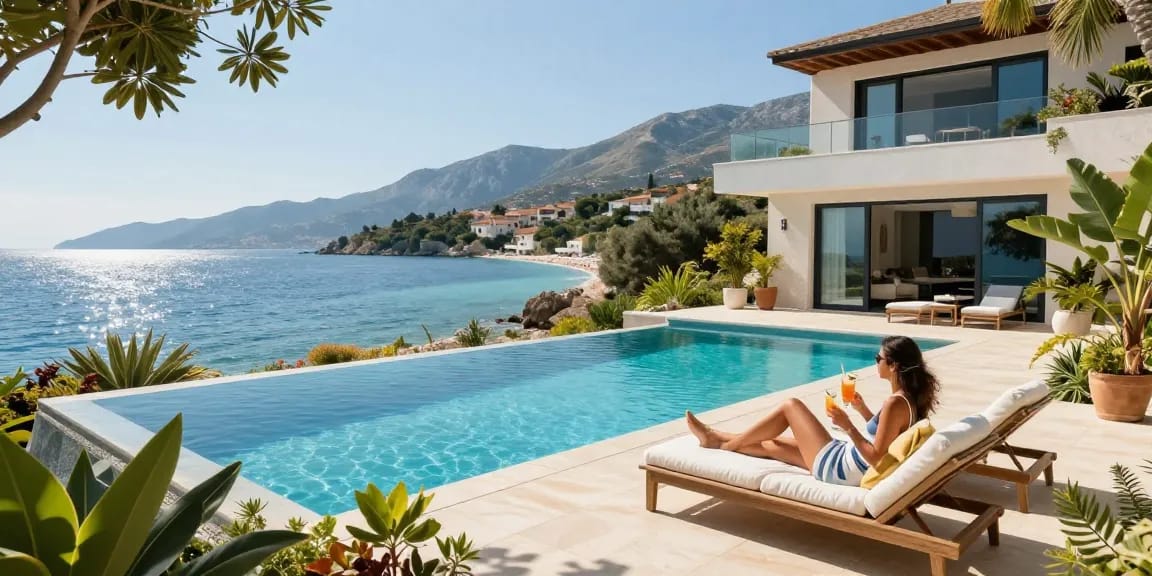 Explore vlora real estate with stunning villa featuring infinity pool and breathtaking coastal views.