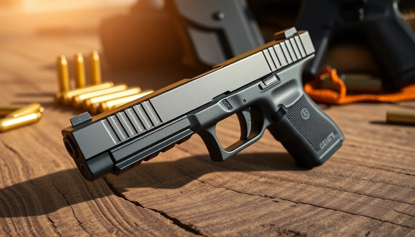 Buy Glock 19 slide showcasing its premium design and craftsmanship on a wooden surface.