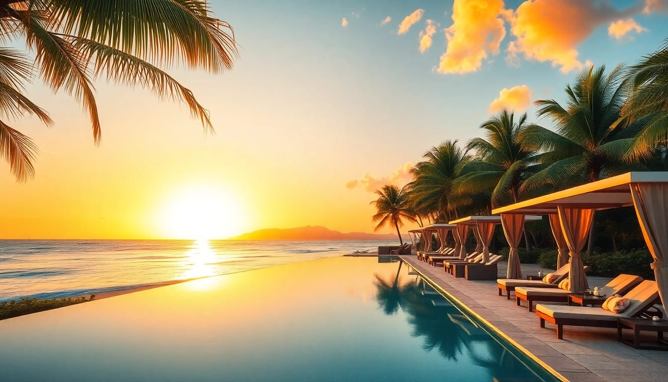 Luxury travel destinations featuring a stunning beachfront resort with sunset views and relaxing atmosphere.