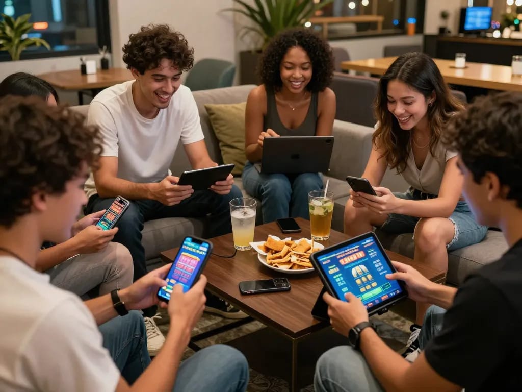 Engaged players enjoying Bandar Togel online, showcasing dynamic interaction and excitement in a modern lounge.
