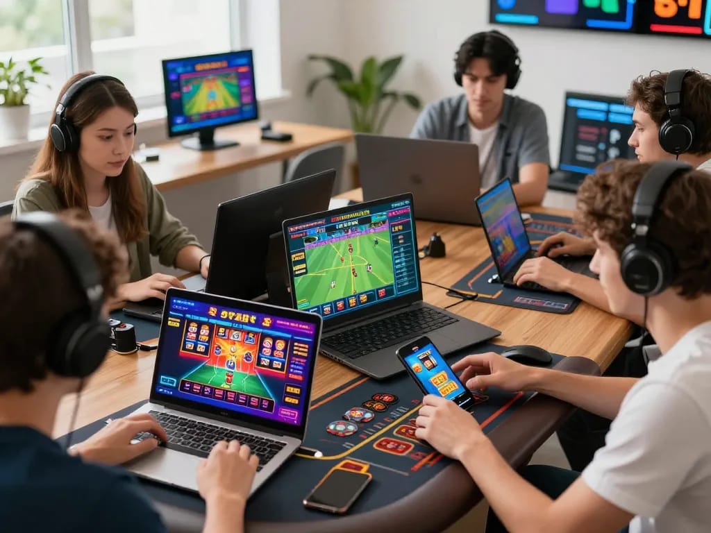 Engaged players on Trang Chủ W88 enjoying diverse online gambling experiences with vibrant graphics.