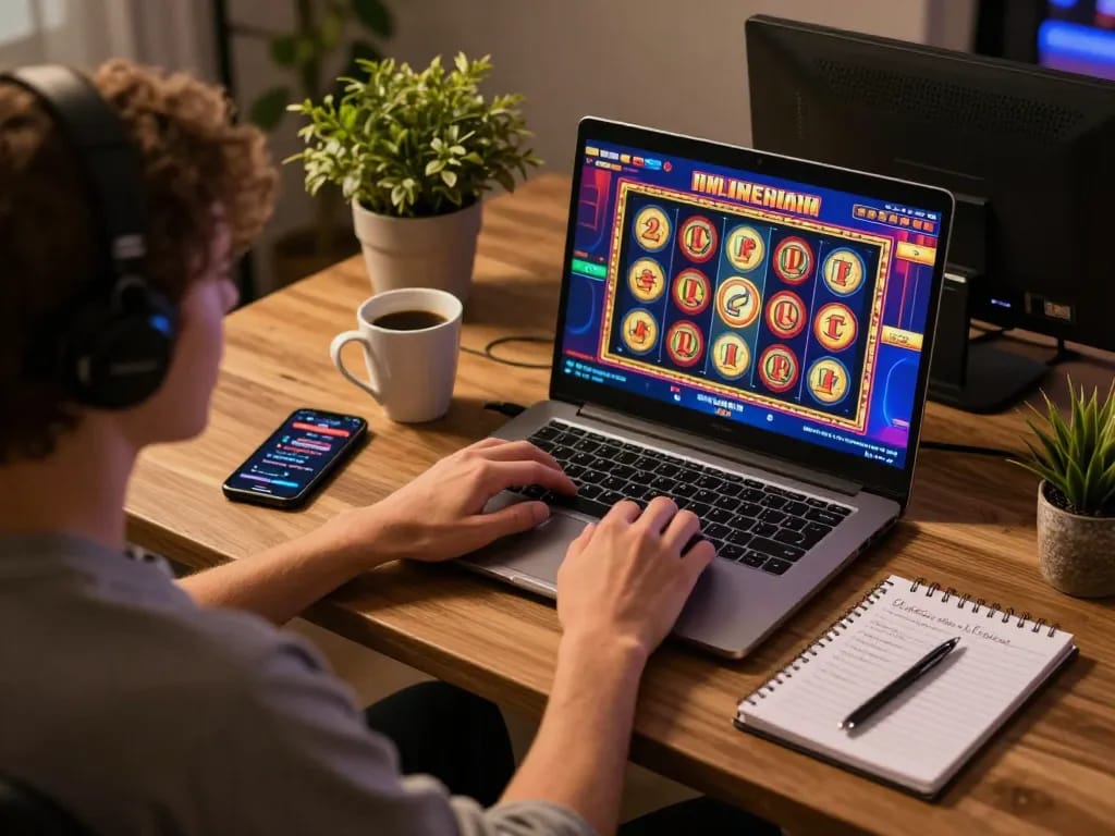 Player engaging with TG88 online casino via laptop, enjoying the thrill of online slots in a cozy setting.