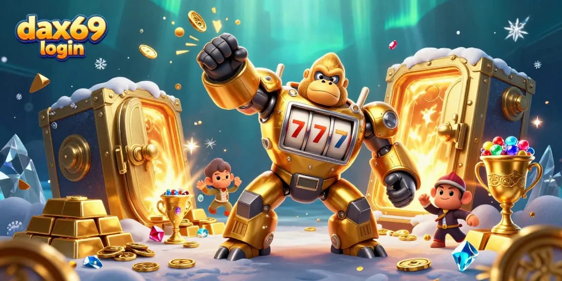 Menangkan jackpot di dax69 login dengan gorilla mech emas dan harta karun berkilau.