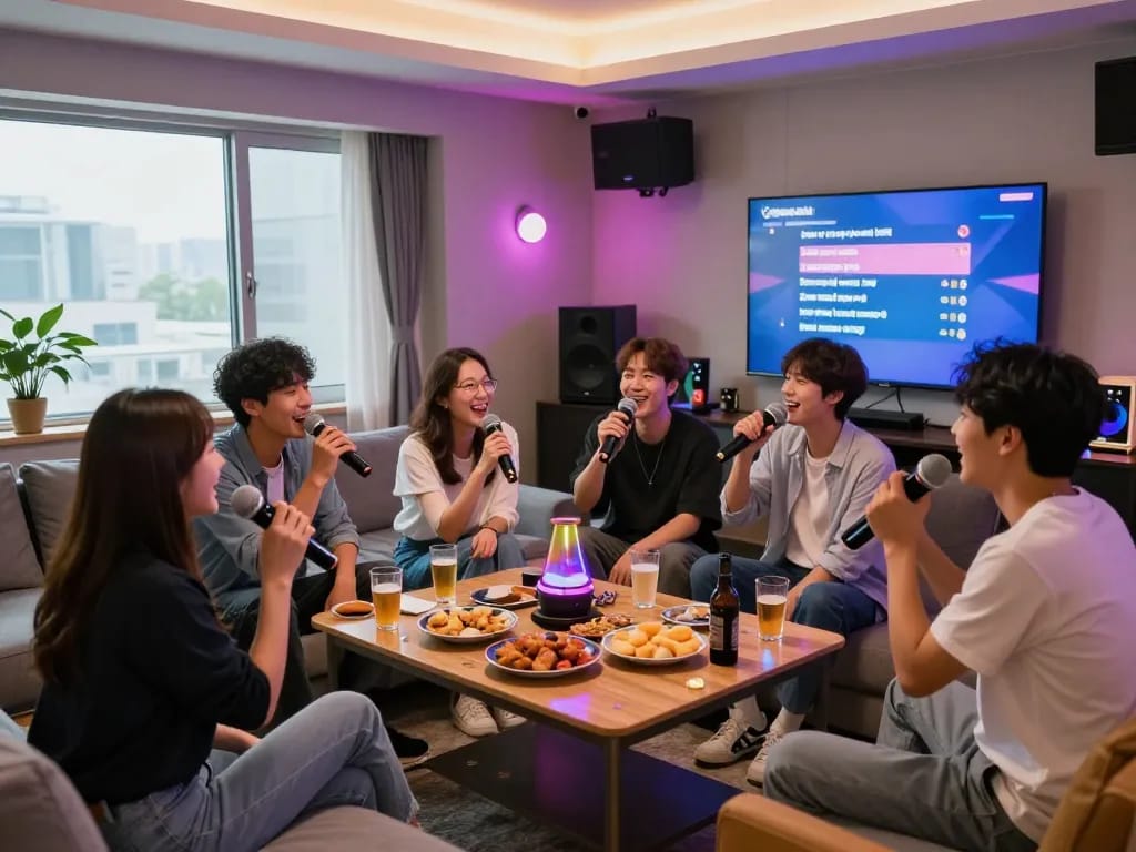 밝은 분위기 속 친구들과 함께 부평쓰리노에서의 노래방을 즐기고 있습니다.