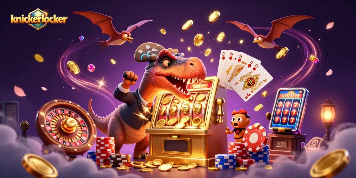 Knickerlocker delivers epic jackpot moments with a cartoon dinosaur celebrating slot machine wins.