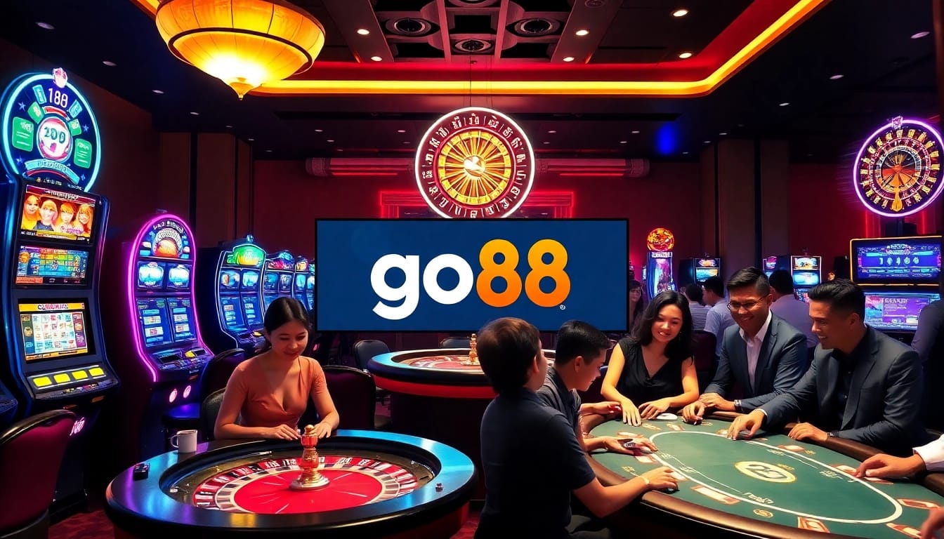 Exciting gambling scene with vibrant go88 branding, showcasing engaging players at a luxury casino.