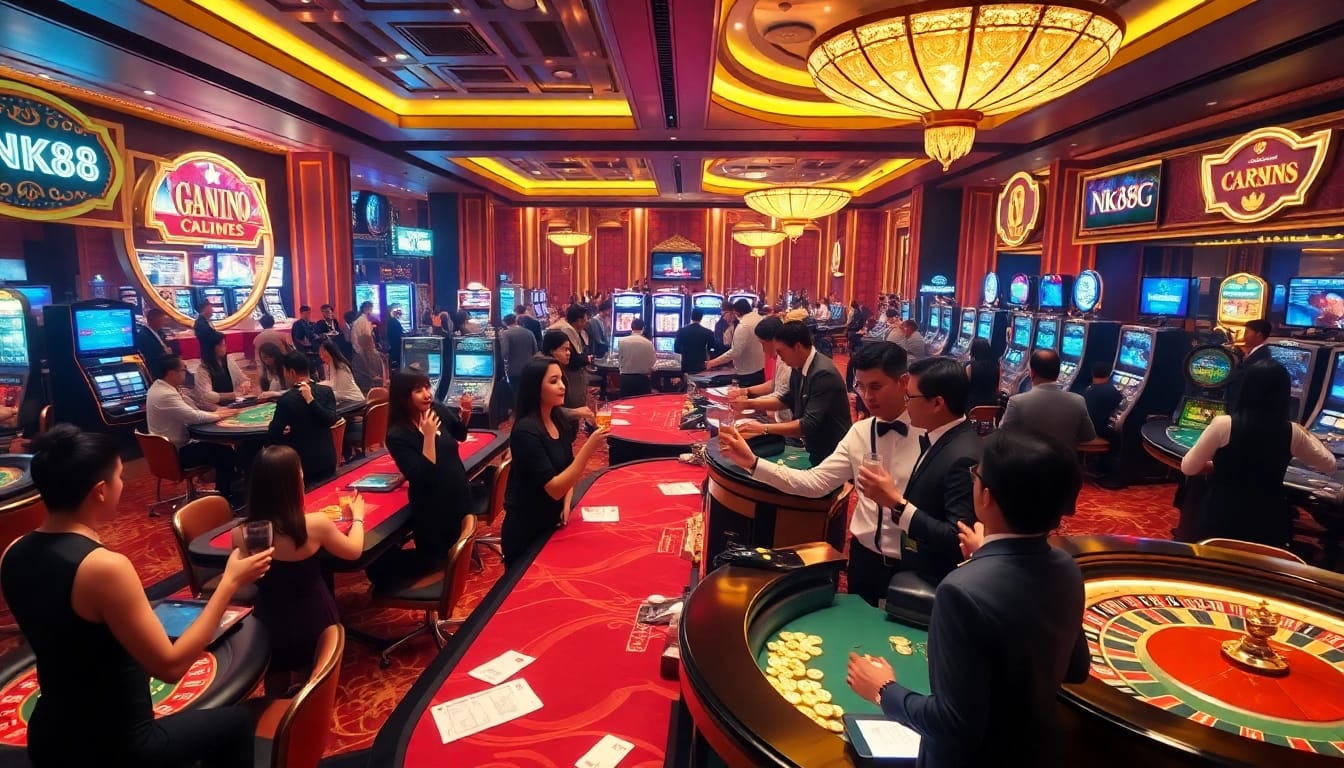 Players enjoying a vibrant NK88 casino experience with poker tables, roulette wheels, and slot machines.