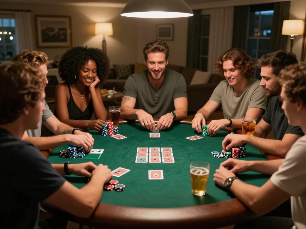 Friends participating in a lively poker night with TG88 strategies unfolding at home