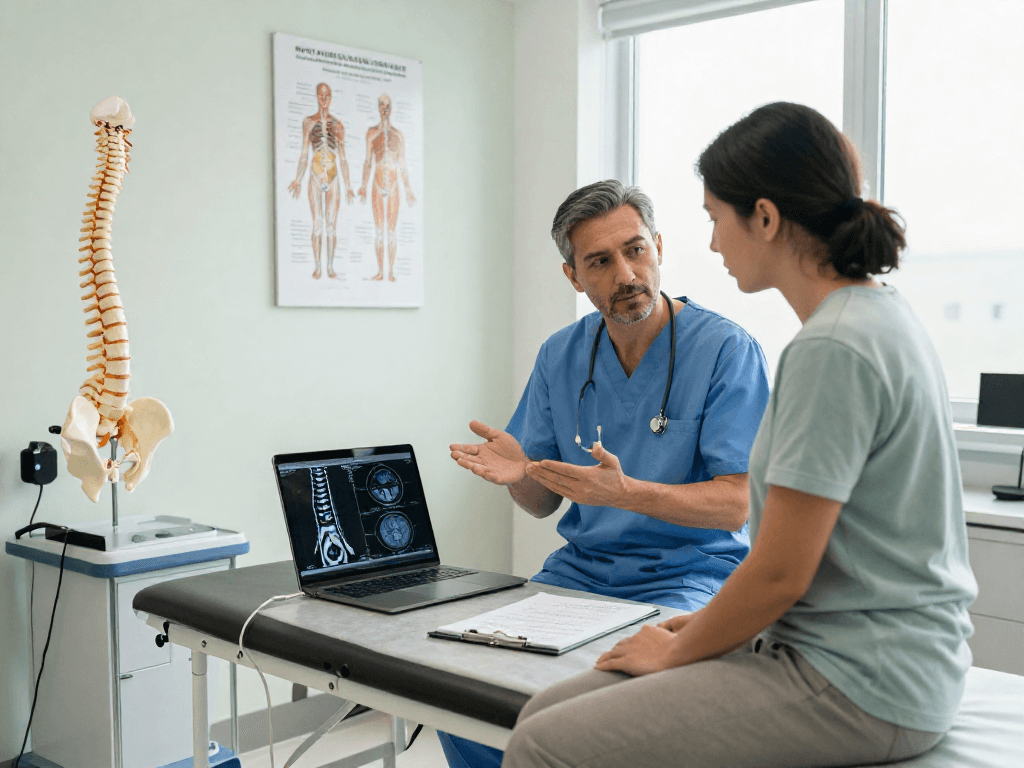 Detailed consultation about bel fıtığı ameliyatı in a modern medical clinic.
