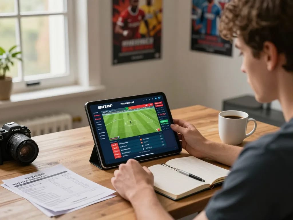Engaging in sports betting on fabet using a tablet in a cozy home office