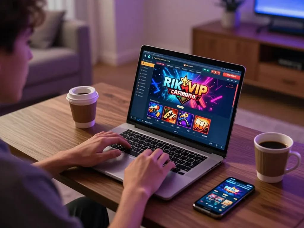 Engaging in a casino game with rik vip on a laptop in a cozy gaming setup.