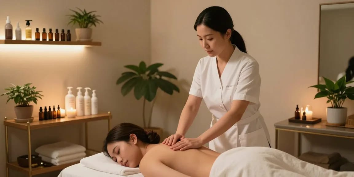 1인샵에서 아로마 마사지받는 고객과 전문 마사지사, 편안한 분위기