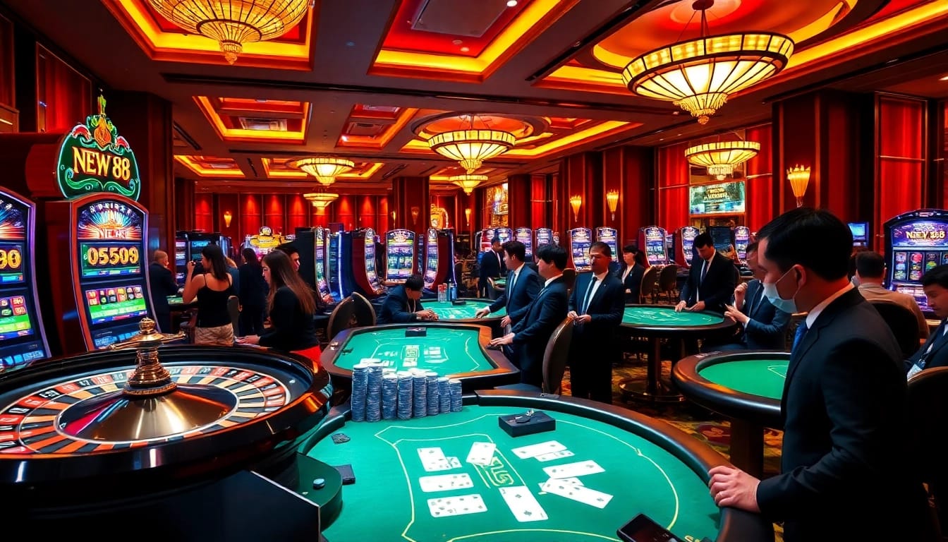 Players enjoying intense card games and vibrant slots at NEW 88's luxurious casino experience.