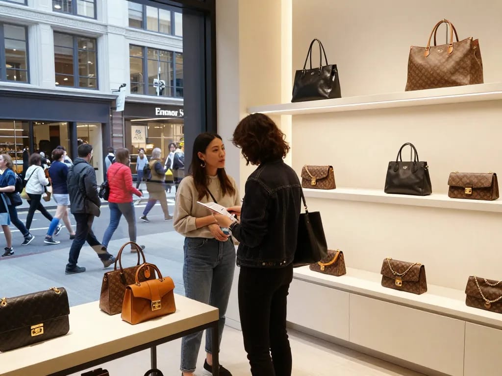 Stylish shopper examining luxury 레플리카 handbags in a chic store.