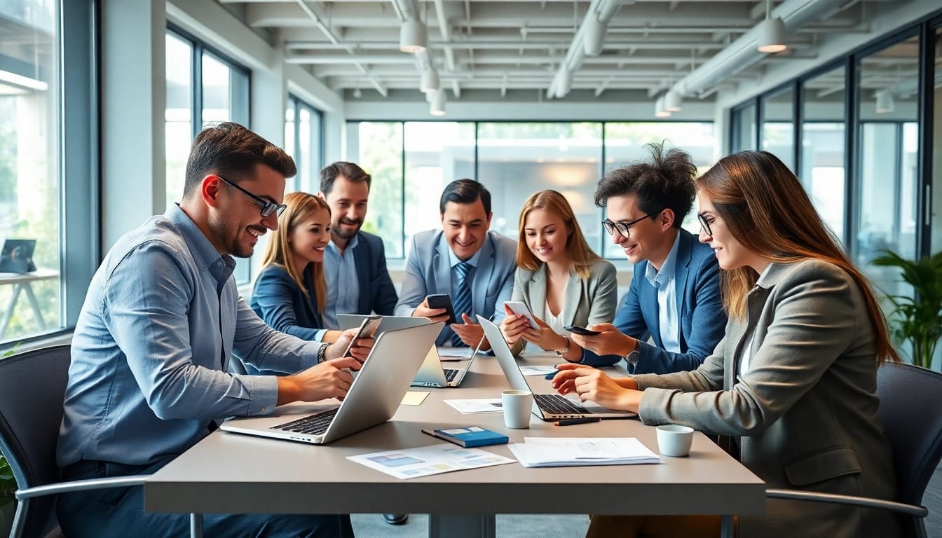 Promote LinkedIn Profile Rental service with business professionals collaborating in a modern office.