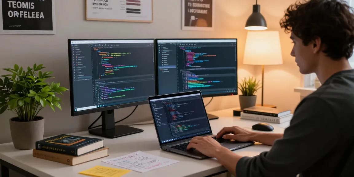 Explore the workspace of a software developer utilizing tools for 纸飞机中文版官网, showcasing modern tech setup and coding activities.