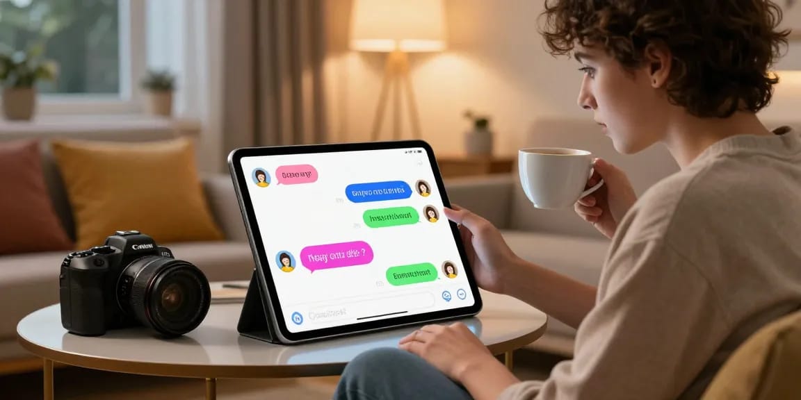 Engaging interaction with an nsfw chat bot on a tablet in a cozy living room setting.