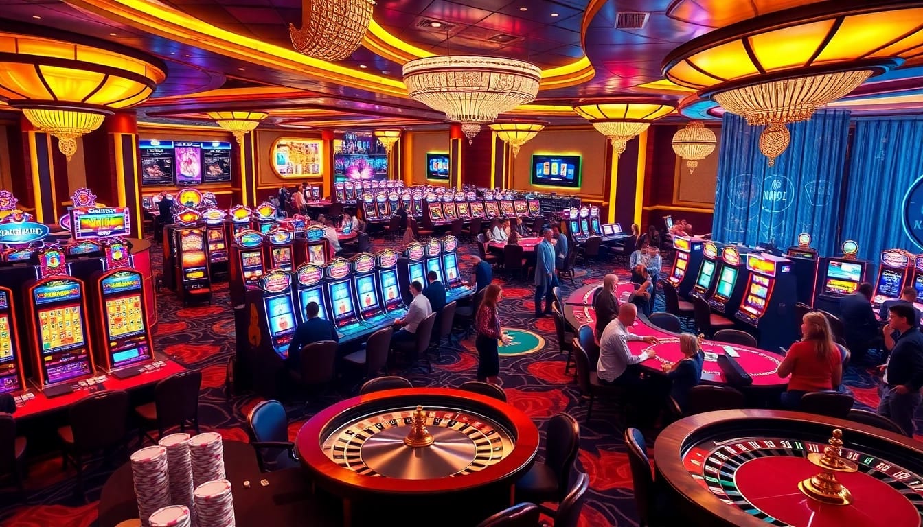 Experience the vibrant gambling world of KJC AC 1 with players enjoying casino tables and slot machines.