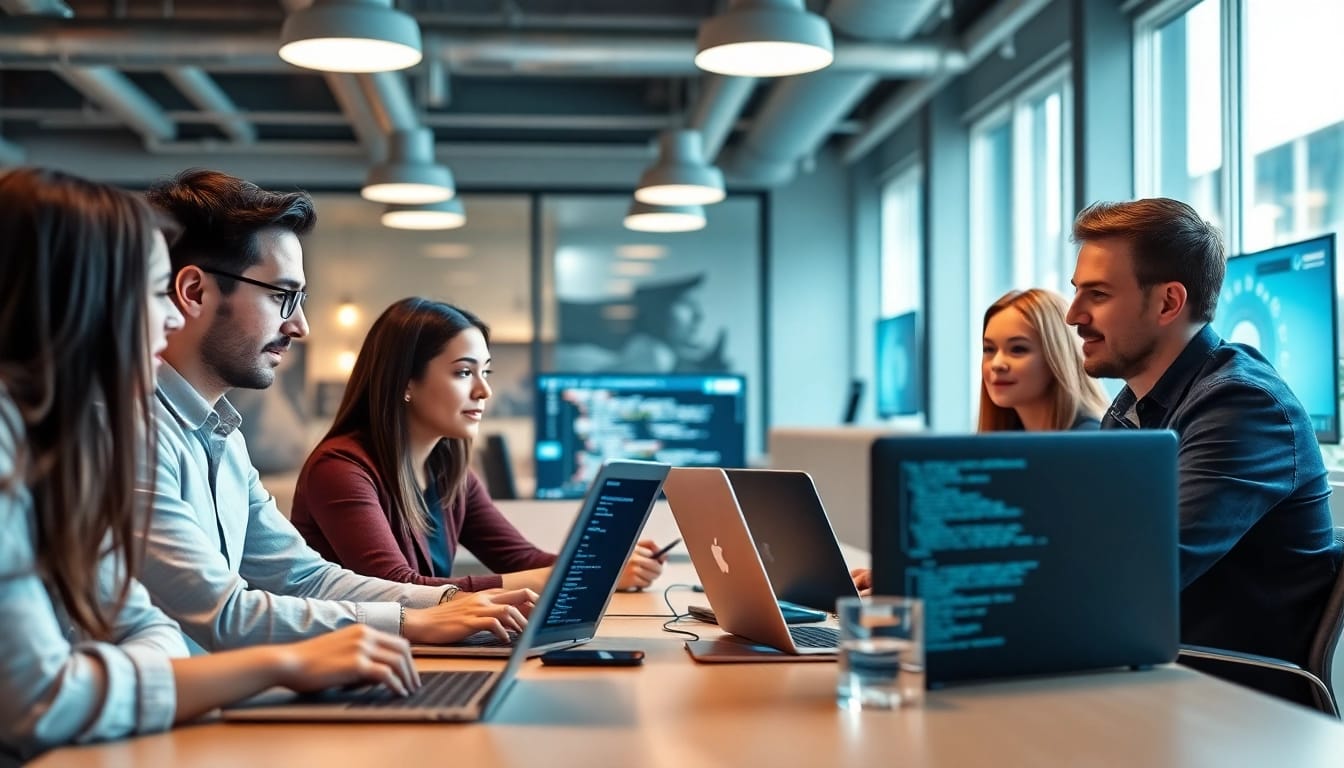 Web development company team collaborating over laptops in a modern office.