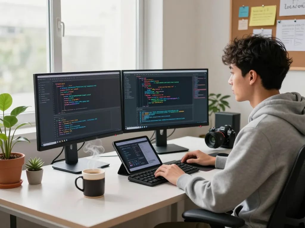 A developer engaging with code in a modern workspace using molt bot, surrounded by tech tools and natural light.