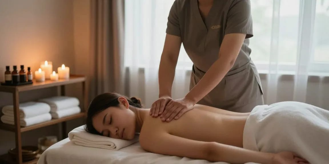 마사지 테라피를 받으며 휴식을 취하고 있는 고객의 모습