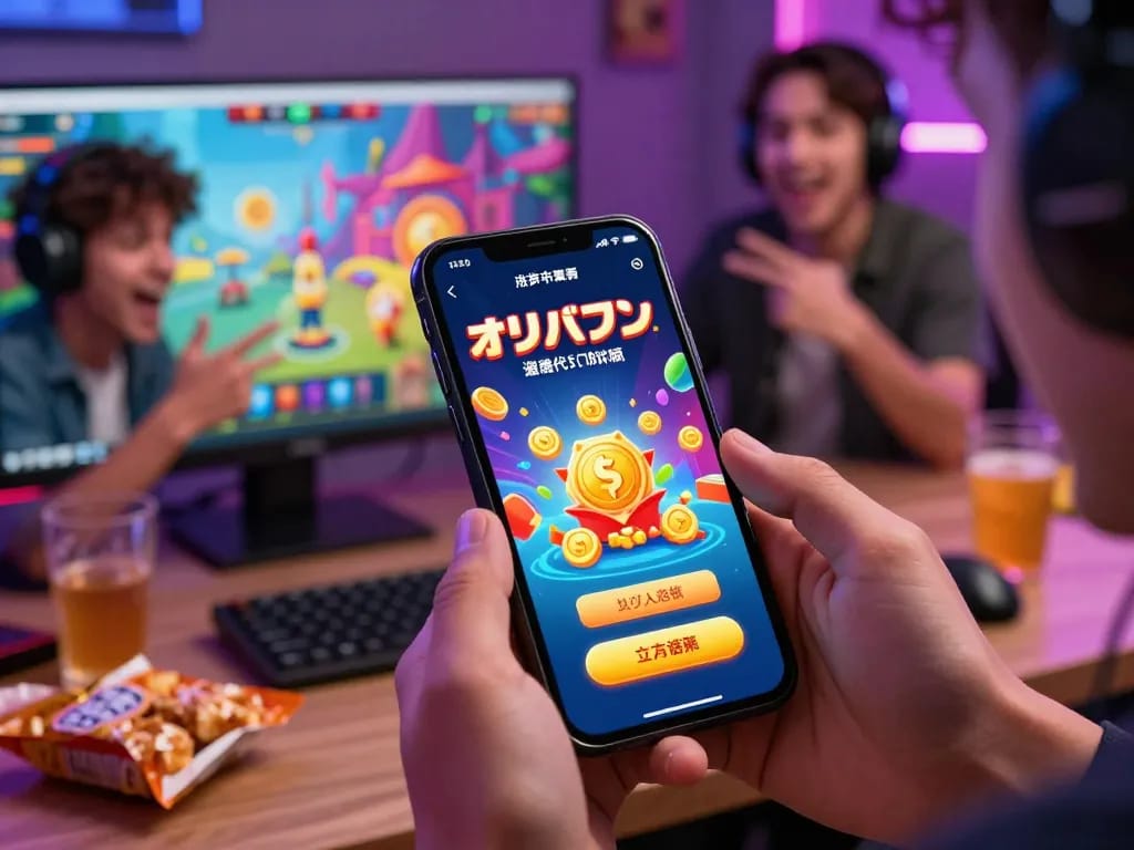 鮮やかなゲーム背景のスマートフォンでオリパワン招待コードアプリを使用するプレイヤー。