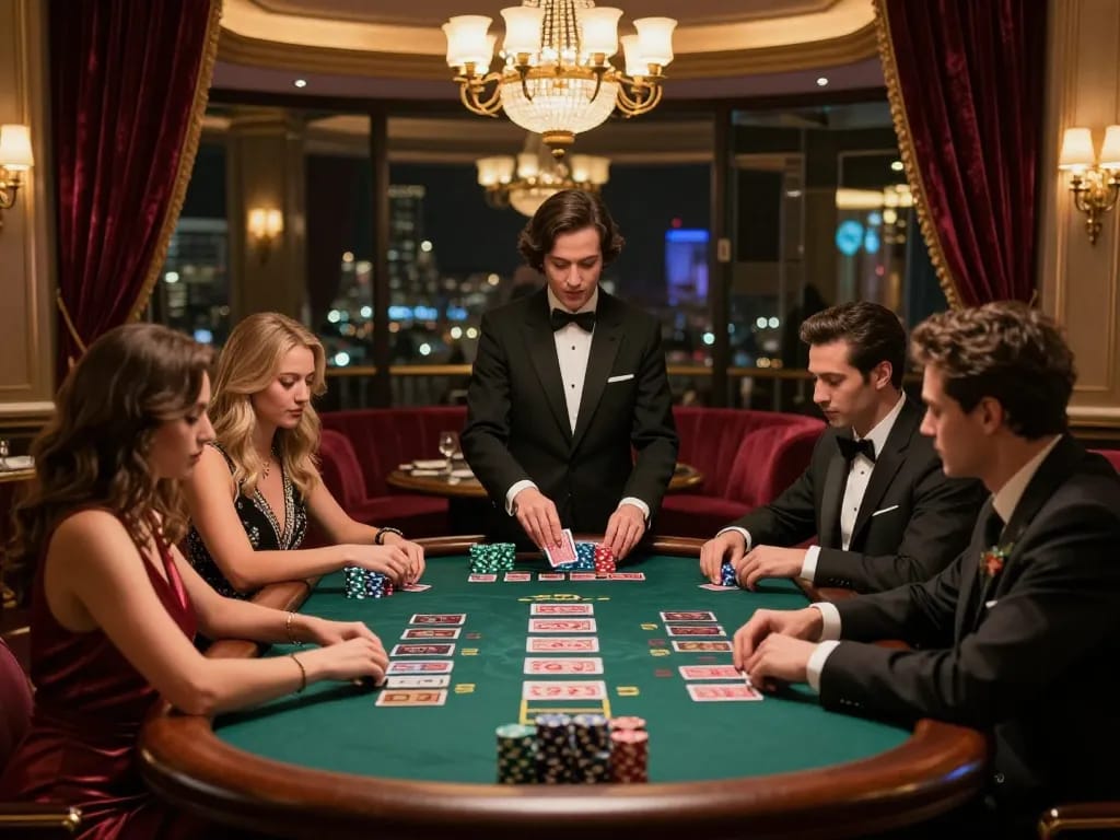 Players engage in strategic blackjack gameplay at a luxurious casino table 5699 with warm lighting and elegant decor.