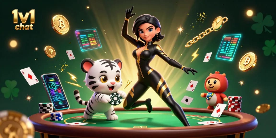 Engage in 1v1 chat with dynamic poker action in a vibrant casino scene filled with gold and neon.