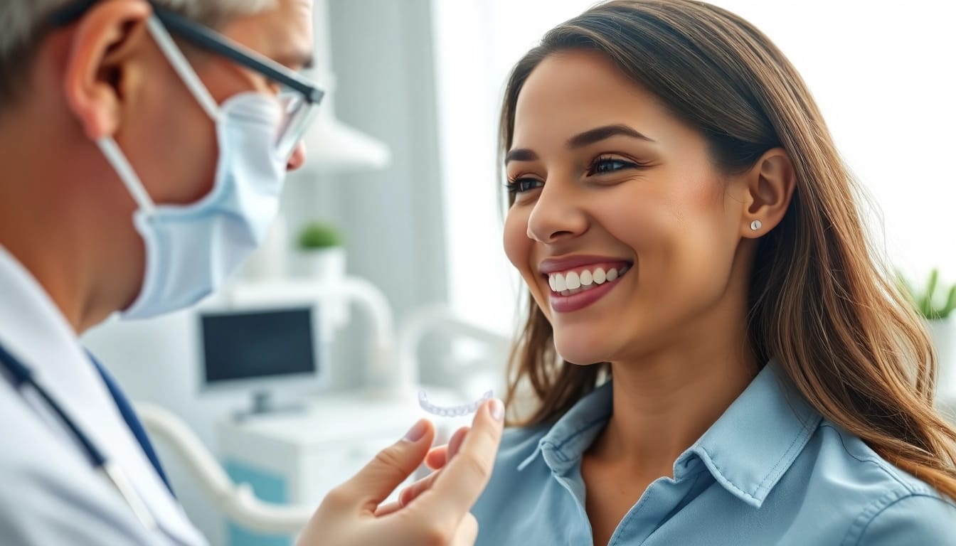 Show a professional discussing clear aligners for adults Hawthorn with a patient in a bright dental office.