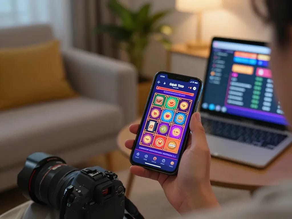 Engaging mobile gaming scene with a person placing bets on Gajah Toto app, showcasing vibrant casino graphics and a relaxed home atmosphere.