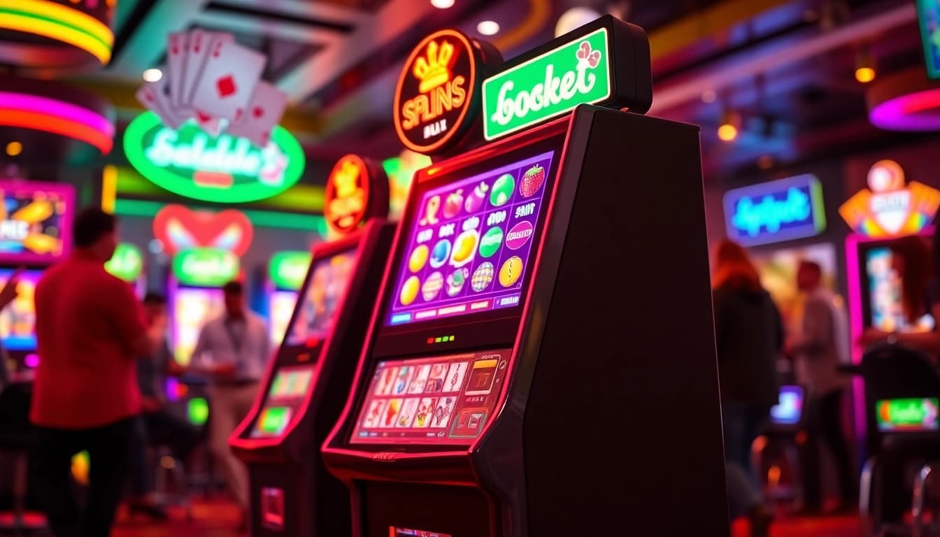 Mainkan slot mesin berwarna cerah dengan simbol buah di kasino modern, memikat dan menarik.