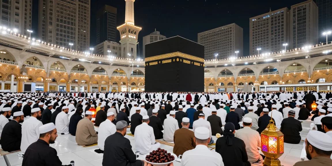 Umroh Full Ramadhan experience at Masjidil Haram with travelers sharing Iftar moments, vibrant atmosphere and spiritual devotion.